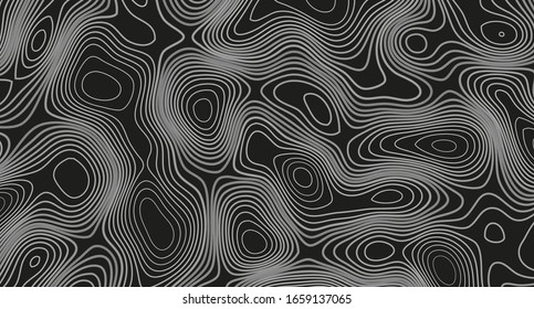 Topographischer Kartenhintergrund. Topographische Linien Muster. Abstrakte helle Konturen auf schwarzem Hintergrund. Vektorillustration.