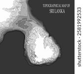 Topographic map in black and white. Geographic relief of mountains and ocean floor in vector illustration. Texture of topographic image. Graphic contour lines of height. Sri Lanka, snow-white beaches 