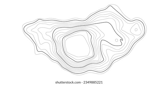 Topographic map in black and white. Geographic topography of mountains in vector illustration. The texture of the topographic image. Ground map of the area. Lines of graphic contour of height. Island