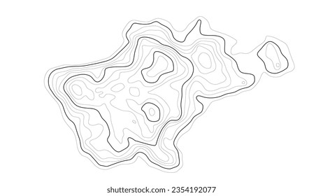 Topographic map in black and white. Geographic topography of mountains in vector illustration. The texture of the topographic image. Ground map of the area. Lines of graphic contour of height. Island