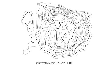 Mapa topográfico en blanco y negro. Topografía geográfica de las montañas en ilustración vectorial. La textura de la imagen topográfica. Mapa terrestre del área. Líneas de contorno gráfico de altura. Isla