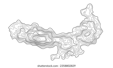 Topographic map in black and white. Geographic topography of mountains in vector illustration. The texture of the topographic image. Ground map of the area. Lines of graphic contour of height. Island