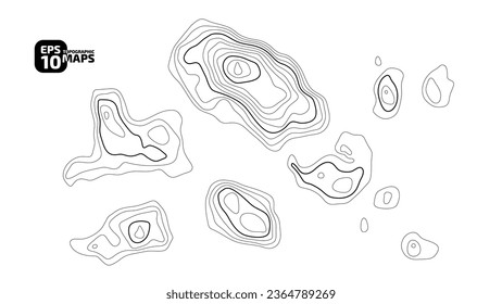 Topographic map in black and white. Geographic topography of mountains in vector illustration. The texture of the topographic image. Ground map of the area. Lines of graphic contour of height. Island