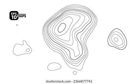Topographic map in black and white. Geographic topography of mountains in vector illustration. The texture of the topographic image. Ground map of the area. Lines of graphic contour of height. Island