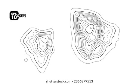 Topographic map in black and white. Geographic topography of mountains in vector illustration. The texture of the topographic image. Ground map of the area. Lines of graphic contour of height. Island