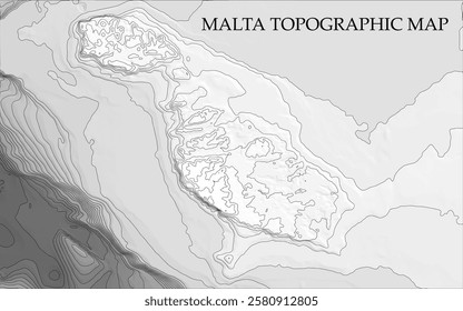 Topographic map in black and white. Geographic relief of mountains and ocean floor in vector illustration. Texture of topographic image. Graphic contour lines of height. Malta, snow-white beaches and