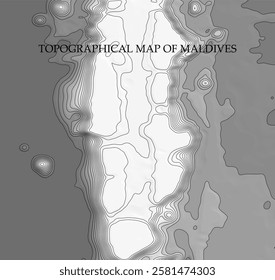 Topographic map in black and white. Geographic relief of mountains and ocean floor in vector illustration. Texture of topographic image. Graphic contour lines of height. Maldives, snow-white beaches a