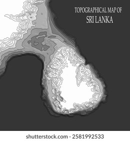 Topographic map in black and white. Geographic relief of mountains and ocean floor in vector illustration. Texture of topographic image. Graphic contour lines of height. Sri Lanka, snow-white beaches 