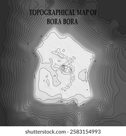 Topographic map in black and white. Geographic relief of mountains and ocean floor in vector illustration. Texture of topographic image. Graphic contour lines of height. Bora Bora, French Polynesia, l