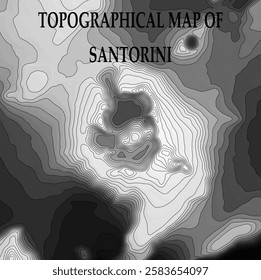 Topographic map in black and white. Geographic relief of mountains and ocean floor in vector illustration. Texture of topographic image. Graphic contour lines of height. Santorini, Greece, white house