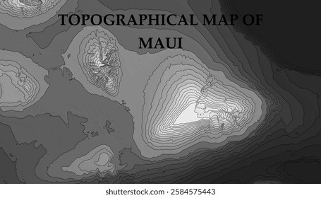 Topographic map in black and white. Geographic relief of mountains and ocean floor in vector illustration. Texture of topographic image. Graphic contour lines of height. Maui, Hawaii, USA, waterfalls,