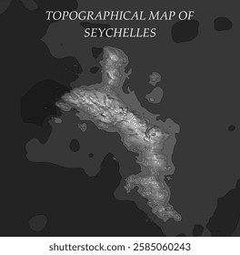 Topographic map in black and white. Geographic relief of mountains and ocean floor in vector illustration. Texture of topographic image. Graphic contour lines of height. Seychelles, exotic nature and 