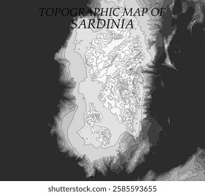 Topographic map in black and white. Geographic relief of mountains and ocean floor in vector illustration. Texture of topographic image. Graphic contour lines of height. Sardinia, Italy, azure bays an