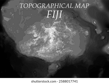 Topographic map in black and white. Geographic relief of mountains and ocean floor in vector illustration. Texture of topographic image. Graphic contour lines of height. Fiji, secluded beaches and tro