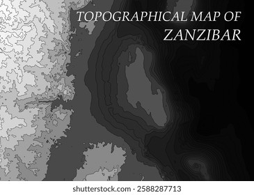 Topographic map in black and white. Geographic relief of mountains and ocean floor in vector illustration. Texture of topographic image. Graphic contour lines of height. Zanzibar, Tanzania, snow-white