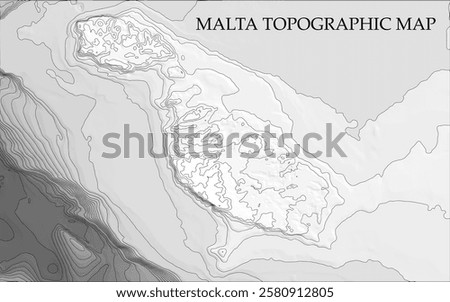 Topographic map in black and white. Geographic relief of mountains and ocean floor in vector illustration. Texture of topographic image. Graphic contour lines of height. Malta, snow-white beaches and