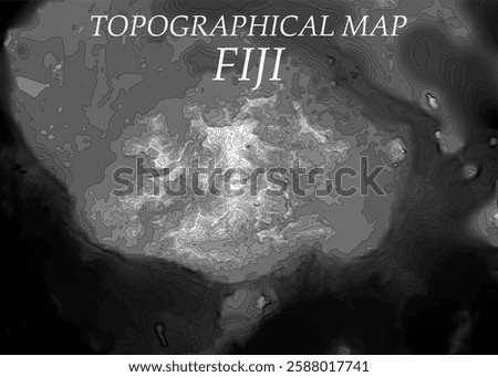 Topographic map in black and white. Geographic relief of mountains and ocean floor in vector illustration. Texture of topographic image. Graphic contour lines of height. Fiji, secluded beaches and tro