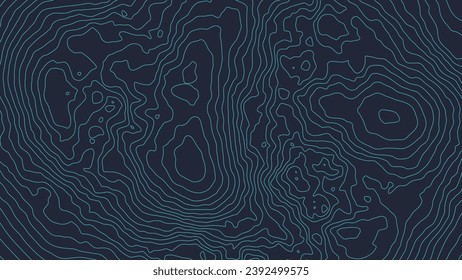 Topographische Karte auf Blau auf dunkelblau. Geografische Topographie der Berge in Vektorgrafik. Die Textur des topographischen Bildes. Landkarte des Gebiets. Linien der grafischen Höhenkontur.