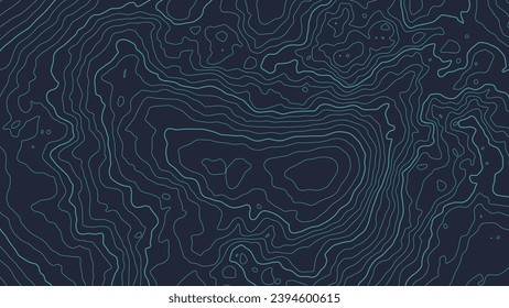 Mapa topográfico azul sobre azul oscuro. Topografía geográfica de las montañas en ilustración vectorial. La textura de la imagen topográfica. Mapa terrestre del área. Líneas de contorno gráfico de altura.