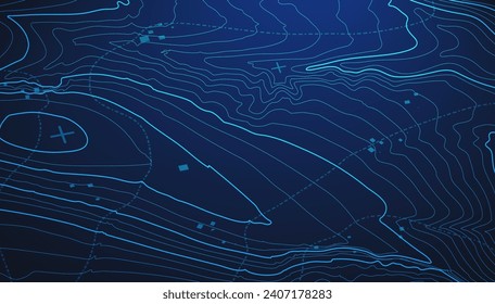 Topographic map blue technology background. Big data elevation map with contour lines.