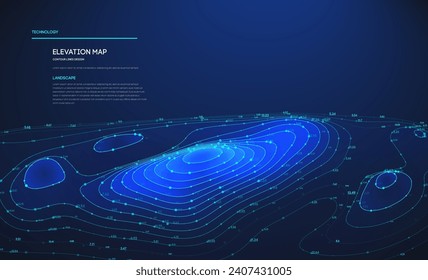 Topographic map blue technology background. Big data elevation map with contour lines. Topographic landscape design.