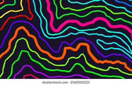 Topographic map contour background. rough lines topographic contour wallpaper. abstract colorful wavy background. contour rough lines background. dark neon background.
