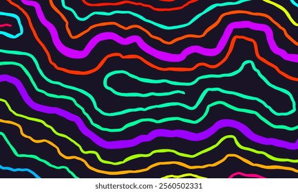 Topographic map contour background. rough lines topographic contour wallpaper. abstract colorful wavy background. contour rough lines background. dark neon background.
