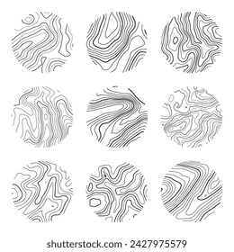 Topographic map with contour lines. Geographic terrain grid, relief height elevation. Ground path pattern. Travel and navigation, cartography design element. Vector illustration