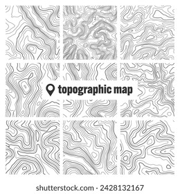 Mapa topográfico con líneas de contorno. Cuadrícula geográfica del terreno, elevación de la altura del relieve. Patrón de trazado de tierra. Viajes y navegación, elemento de diseño cartográfico. Ilustración de vector