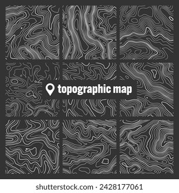 Topographic map with contour lines. Geographic terrain grid, relief height elevation. Ground path pattern. Travel and navigation, cartography design element. Vector illustration