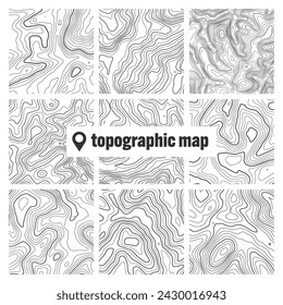 Topographic map with contour lines. Geographic terrain grid, relief height elevation. Ground path pattern. Travel and navigation, cartography design element. Vector illustration