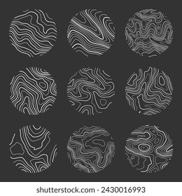 Topographic map with contour lines. Geographic terrain grid, relief height elevation. Ground path pattern. Travel and navigation, cartography design element. Vector illustration
