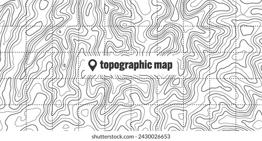 Mapa topográfico con líneas de contorno. Cuadrícula geográfica del terreno, elevación de la altura del relieve. Patrón de trazado de tierra. Viajes y navegación, elemento de diseño cartográfico. Ilustración de vector
