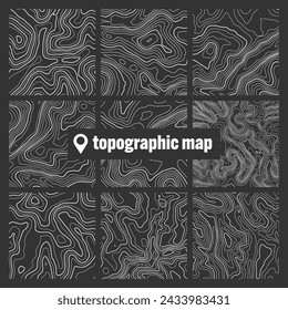 Topographic map with contour lines. Geographic terrain grid, relief height elevation. Ground path pattern. Travel and navigation, cartography design element. Vector illustration