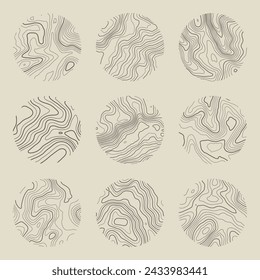 Topographic map with contour lines. Geographic terrain grid, relief height elevation. Ground path pattern. Travel and navigation, cartography design element. Vector illustration