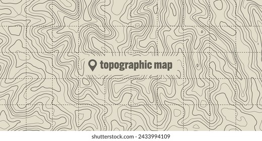 Topographic map with contour lines. Geographic terrain grid, relief height elevation. Ground path pattern. Travel and navigation, cartography design element. Vector illustration