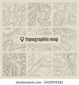 Topographic map with contour lines. Geographic terrain grid, relief height elevation. Ground path pattern. Travel and navigation, cartography design element. Vector illustration