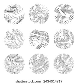 Topographic map with contour lines. Geographic terrain grid, relief height elevation. Ground path pattern. Travel and navigation, cartography design element. Vector illustration