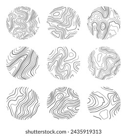 Topographic map with contour lines. Geographic terrain grid, relief height elevation. Ground path pattern. Travel and navigation, cartography design element. Vector illustration
