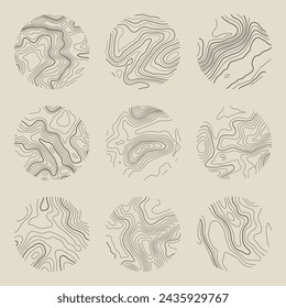Topographic map with contour lines. Geographic terrain grid, relief height elevation. Ground path pattern. Travel and navigation, cartography design element. Vector illustration