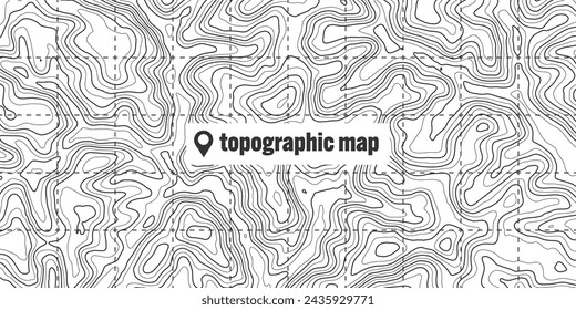 Topographic map with contour lines. Geographic terrain grid, relief height elevation. Ground path pattern. Travel and navigation, cartography design element. Vector illustration
