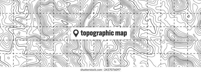 Topographic map with contour lines. Geographic terrain grid, relief height elevation. Ground path pattern. Travel and navigation, cartography design element. Vector illustration