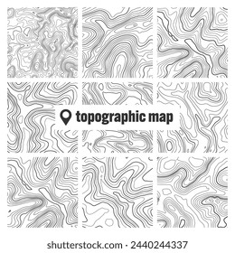 Topographic map with contour lines. Geographic terrain grid, relief height elevation. Ground path pattern. Travel and navigation, cartography design element. Vector illustration