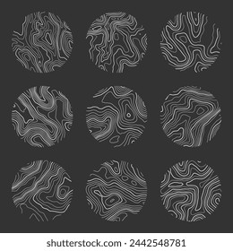Topographic map with contour lines. Geographic terrain grid, relief height elevation. Ground path pattern. Travel and navigation, cartography design element. Vector illustration