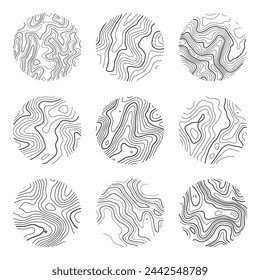 Topographic map with contour lines. Geographic terrain grid, relief height elevation. Ground path pattern. Travel and navigation, cartography design element. Vector illustration