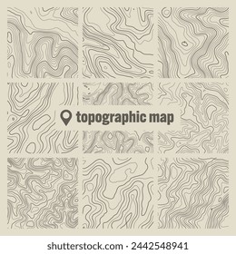 Topographic map with contour lines. Geographic terrain grid, relief height elevation. Ground path pattern. Travel and navigation, cartography design element. Vector illustration