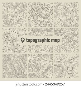 Topographic map with contour lines. Geographic terrain grid, relief height elevation. Ground path pattern. Travel and navigation, cartography design element. Vector illustration