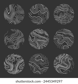 Topographic map with contour lines. Geographic terrain grid, relief height elevation. Ground path pattern. Travel and navigation, cartography design element. Vector illustration