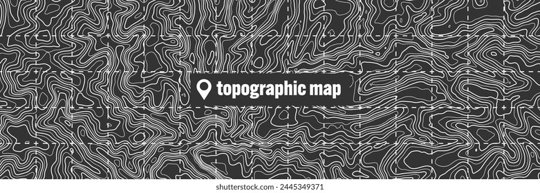 Topographic map with contour lines. Geographic terrain grid, relief height elevation. Ground path pattern. Travel and navigation, cartography design element. Vector illustration