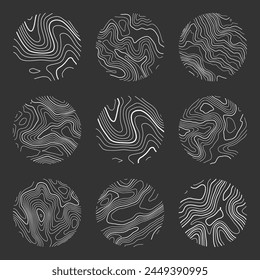 Topographic map with contour lines. Geographic terrain grid, relief height elevation. Ground path pattern. Travel and navigation, cartography design element. Vector illustration